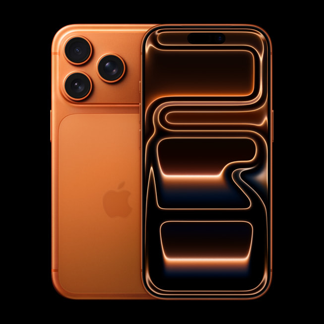 iPhone 17 Pro em laranja-cósmico visto pela frente e pela traseira